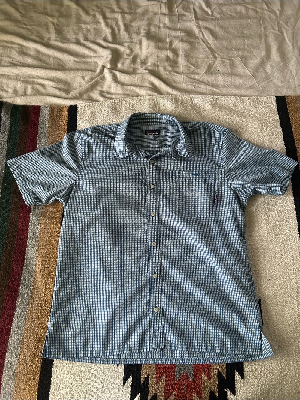 Men's Short-Sleeve Blue Checked Button-Up Shirt